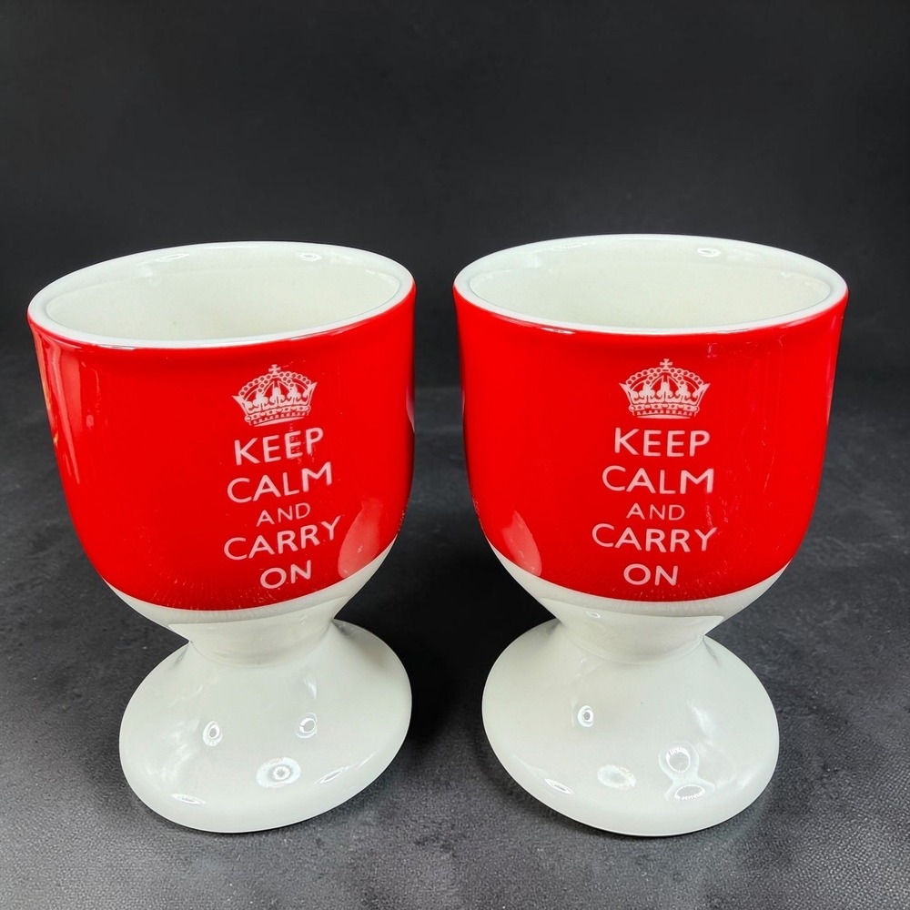 Keep Calm and Carry On Red Ceramic Egg Cups Set 2 Footed Pedestal British Style